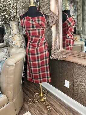Stop staring red draping plaid dress